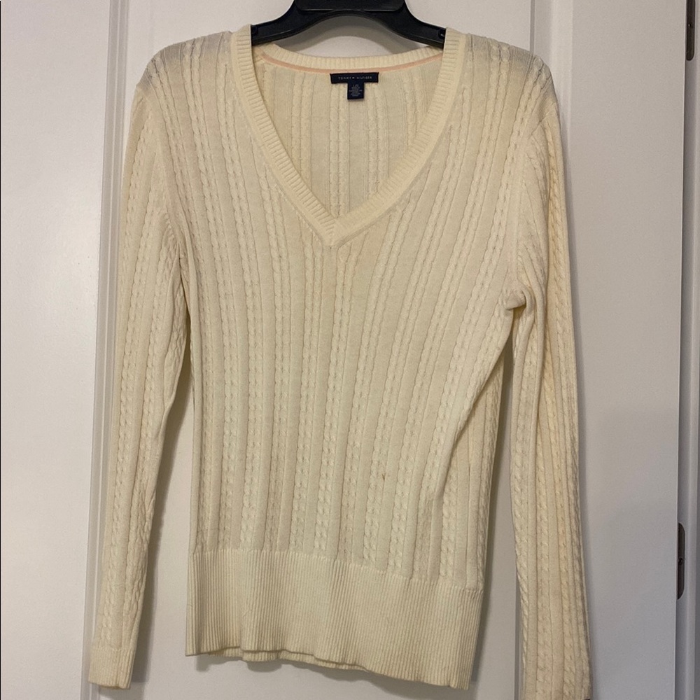 Tommy Hilfiger Cream V-Neck Sweater Classic Knit